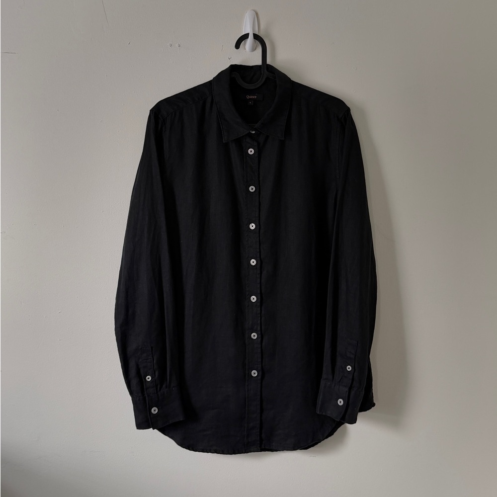 Black Linen Button-Down Shirt - Casual Long Sleeve